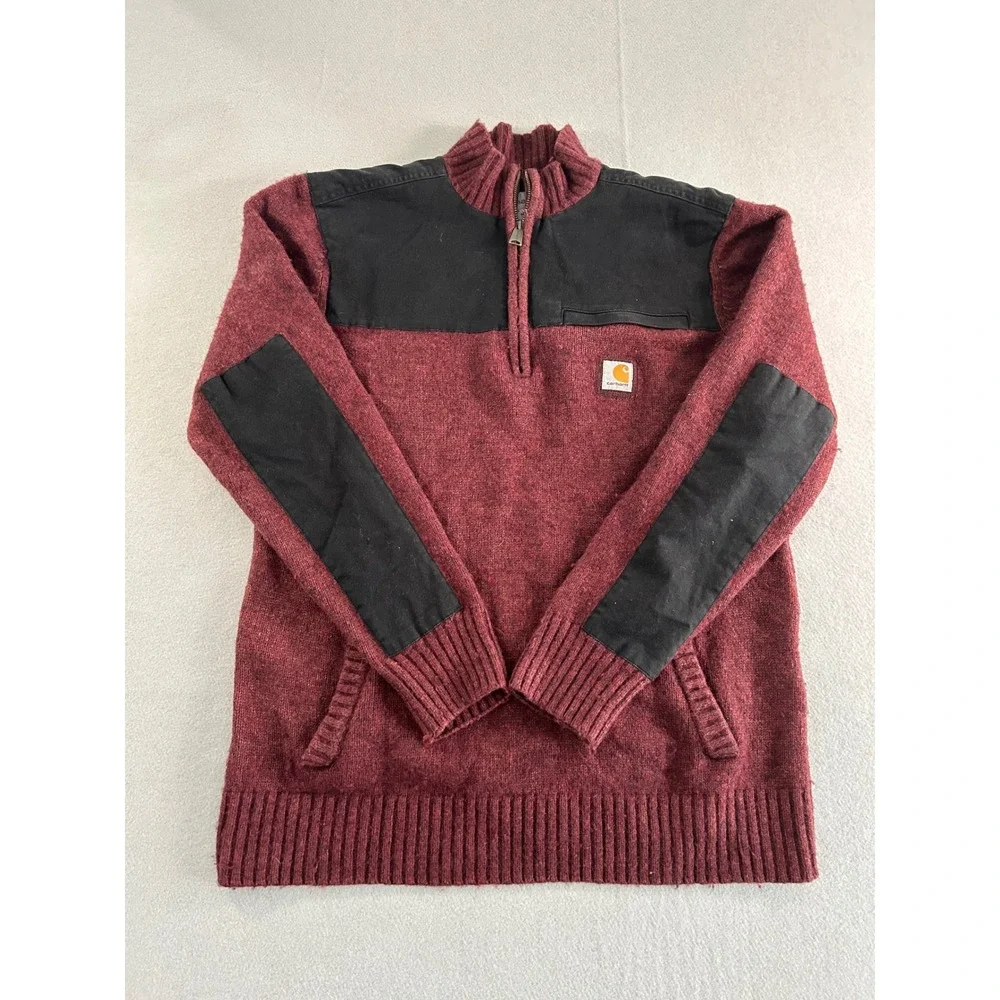 Carhartt Quarter Zip Sweater Mens Medium Burgundy Wool Blend Canvas Overlays